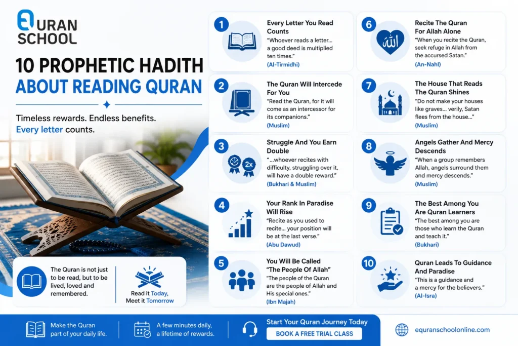 10 Prophetic Hadith About Reading Quran 
